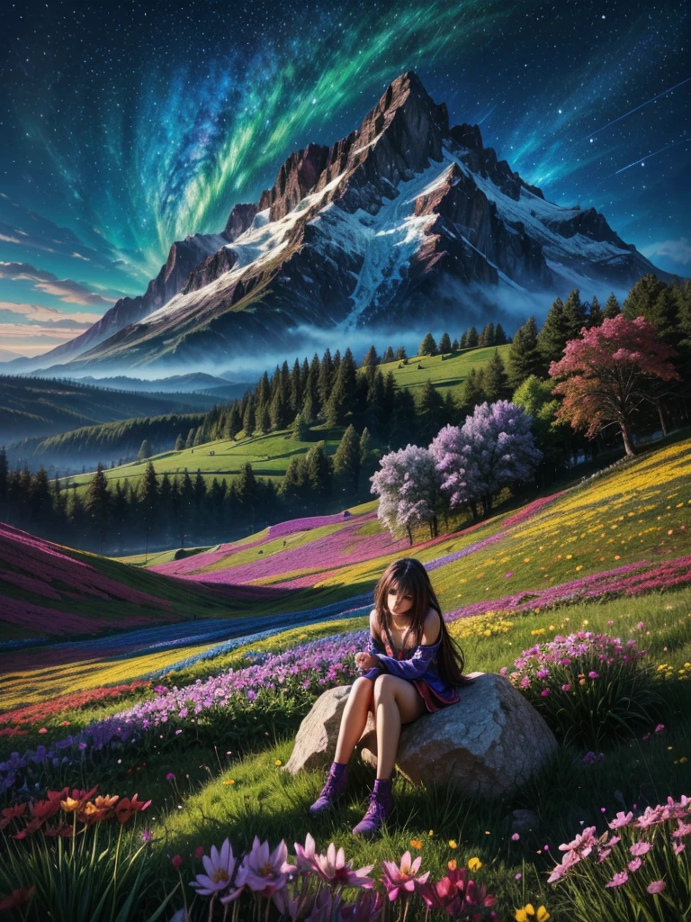 anime-style illustration, The image shows a young woman sitting on the grass watching clear blue sky and mountain, flower colorful color blue red green purple yellow, fantasy world medieval, rocks, The scene is depicted in a highly saturated and vibrant style, Vibrant colors include deep purples, electric blues, neon pinks, and shimmering golds. The lighting is ethereal, intense and rich COLORS VIVID, strong exaggerated colors, glowing everywhere, dramatic lighting, epic, majestic, awe-inspiring, mystical, ethereal, The sky above is clear blue sky, The atmosphere is full of magical color films, High Detail.