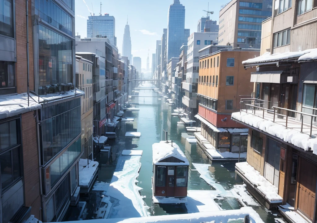 Create the view of a modern city covered in ice