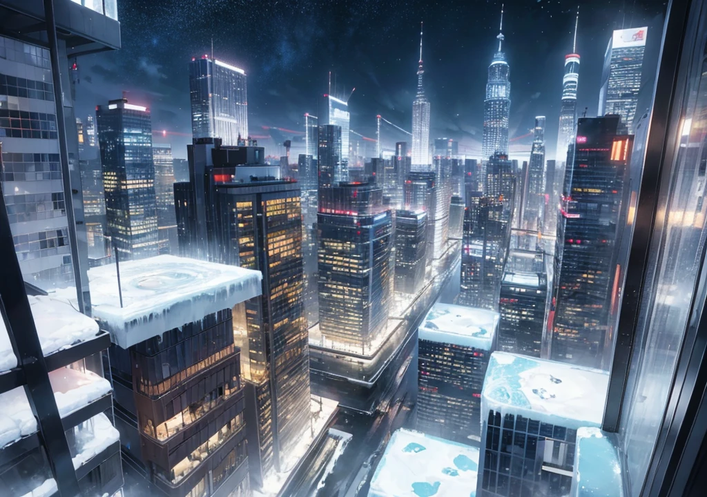 Create the view of a modern city covered in ice