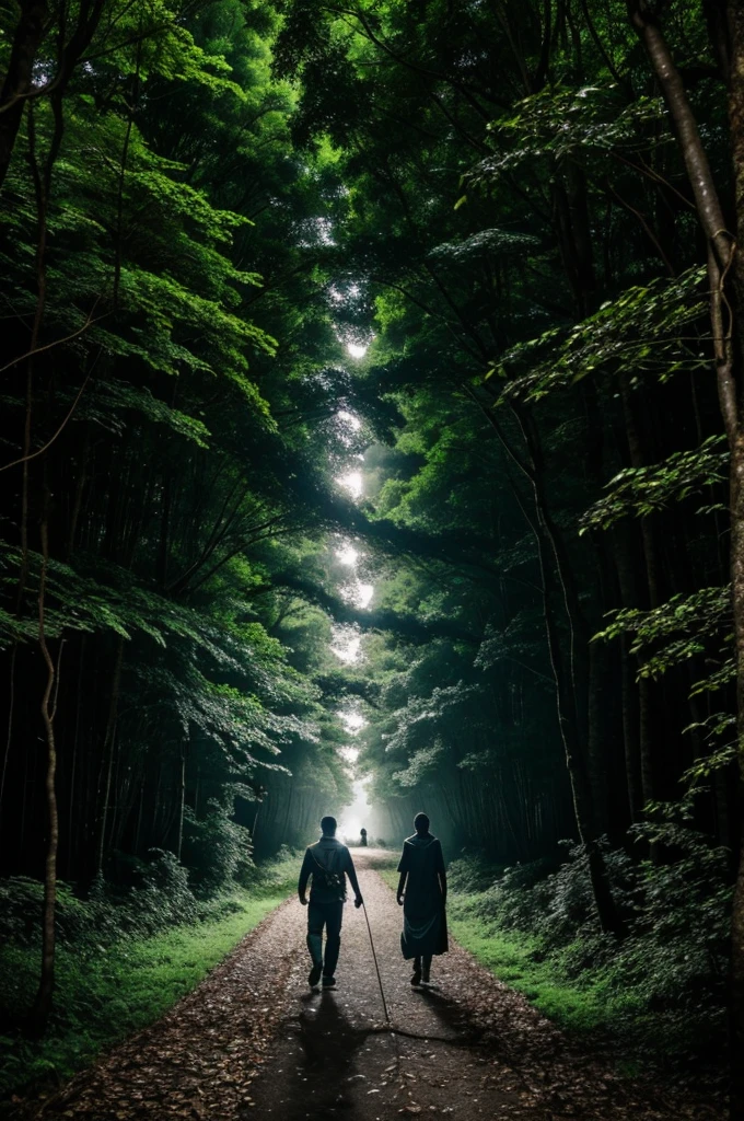 Ali and Umar are walking away from their village, heading towards the dark forest. The moonlight barely filters through the dense canopy above, casting eerie shadows on the forest floor. Tall trees with gnarled branches surround them, their leaves rustling loudly in the strong, gusty wind. The atmosphere is filled with mystery and tension as they venture deeper into the unknown, their path illuminated only by occasional moonbeams breaking through the thick foliage.