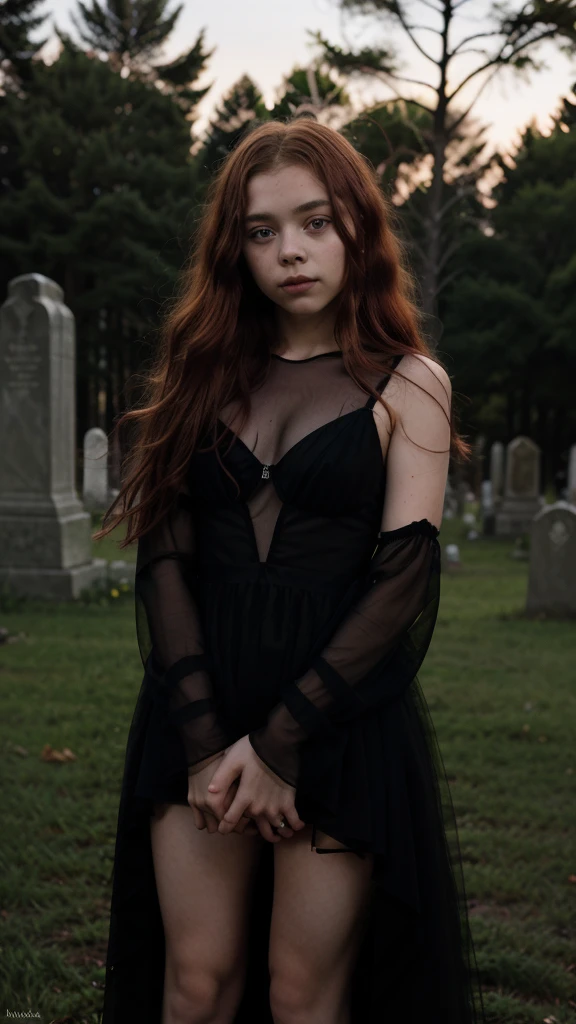 similar to Chloë Grace Moretz, with long red hair, wearing a long transparent black dress, in a creepy cemetery at night. Ultra-realistic image, high quality, 88mm, sharp background, night, perfect hands, cute round face, 12 year old young body, super detailed, 8k, full body shot