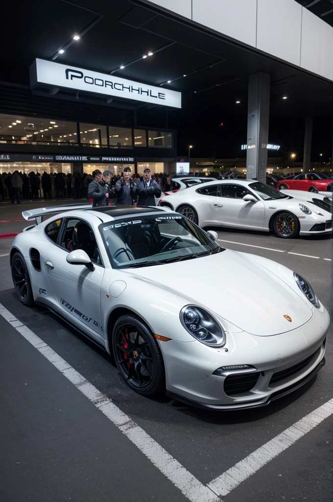 create a super realistic futuristic Porsche parade at a luxurious event