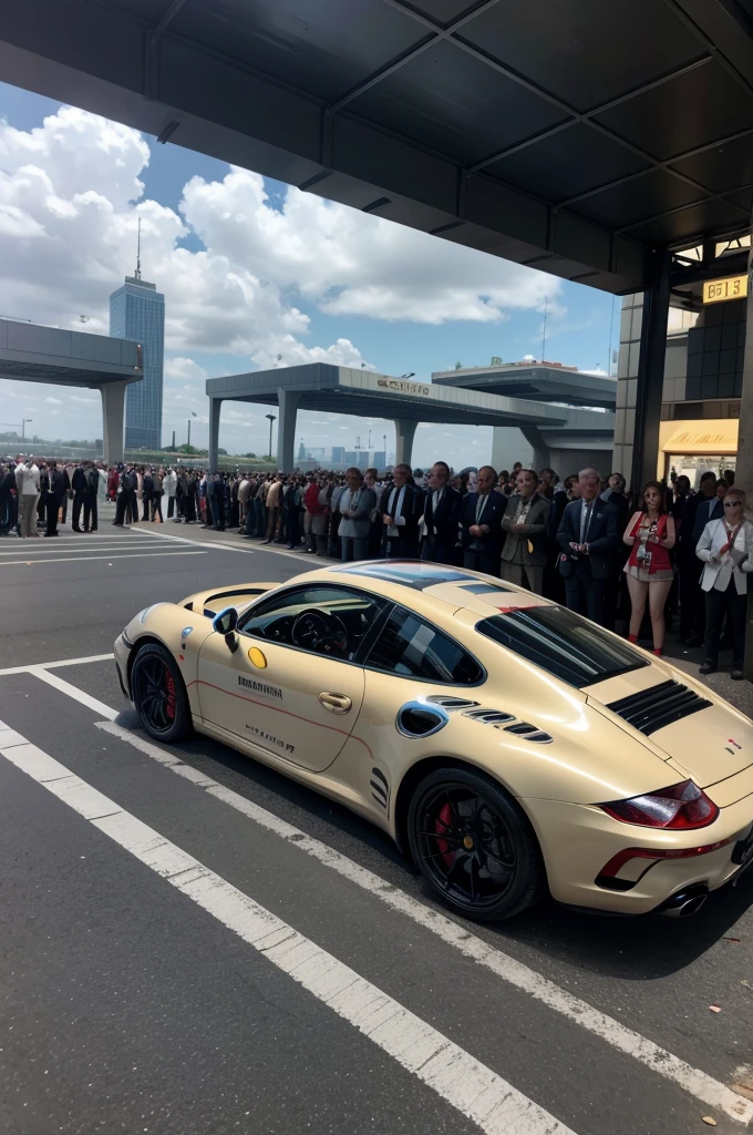 create a super realistic futuristic Porsche parade at a luxurious event