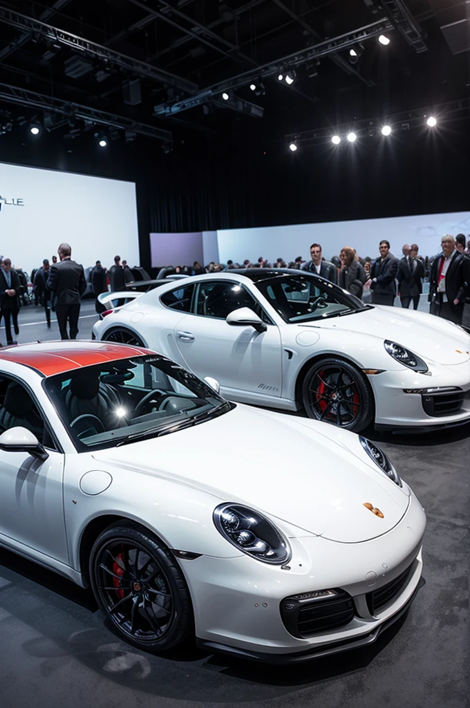 create a super realistic futuristic Porsche parade at a luxurious event