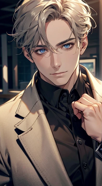 (best quality,4k,8k,highres,masterpiece:1.2),ultra-detailed,(realistic,photorealistic,photo-realistic:1.37),1 man,31 years old,mature man,very handsome,without expression,smile,short grey golden hair,blue eyes,penetrating gaze,perfect face without errors,imposing posture,businessman,office background,cinematic lighting,hdr image