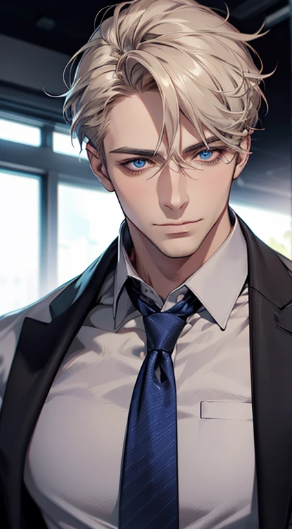 (best quality,4k,8k,highres,masterpiece:1.2),ultra-detailed,(realistic,photorealistic,photo-realistic:1.37),1 man,31 years old,mature man,very handsome,without expression,smile,short grey golden hair,blue eyes,penetrating gaze,perfect face without errors,imposing posture,businessman,office background,cinematic lighting,hdr image