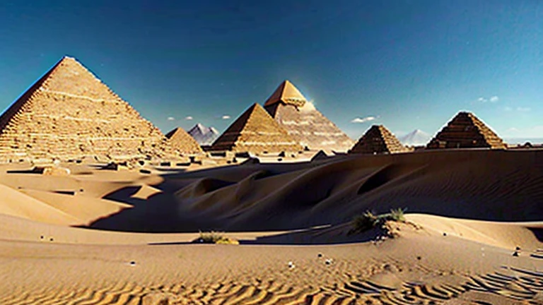 city in ruins in an abandoned desert, for medieval RPG environment with some magical puzzle in one of the pyramids