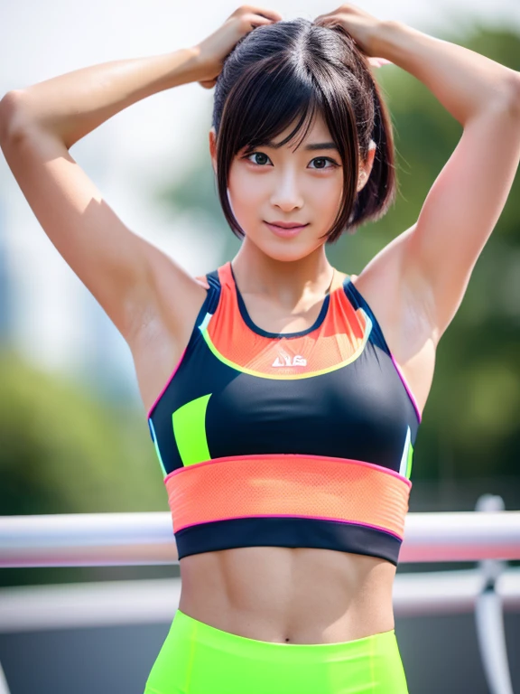 Best quality 8k resolution Ultra detailed Bright neon colored competition sportswear Serious facial expression Two cute beauties Abs Arms up Very short hair High waisted tights Flat chest Japanese Sharp focus Track and field club Very short hair 17 years old Sweating