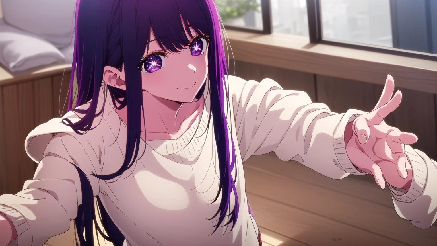 aihoshino, Ai Hoshino, Long Hair, bangs, (Purple eyes:1.1), Purple Hair, (Symbol-shaped pupil:1.5), smile,
break long sleeves, sweater, ribbed sweater, camisole, white camisole,
break indoors,
break looking at viewer, (Cowboy Shot:1.5),
break (masterpiece:1.2), Highest quality, High resolution, unity 8k wallpaper, (figure:0.8), (Beautiful attention to detail:1.6), Highly detailed face, Perfect lighting, Highly detailed CG, (Perfect hands, Perfect Anatomy),