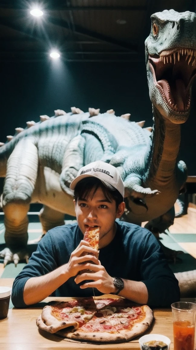 Sitting with a dinosaur and eating pizza,Jurassic Period,