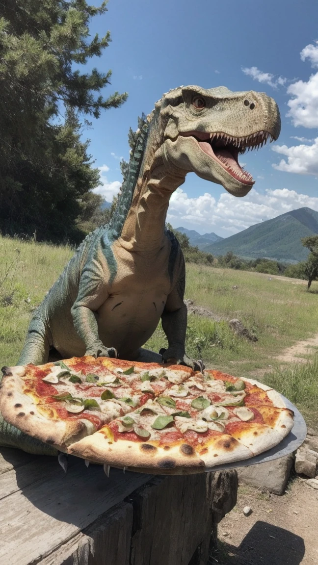 Sitting with a dinosaur and eating pizza,Jurassic Period,