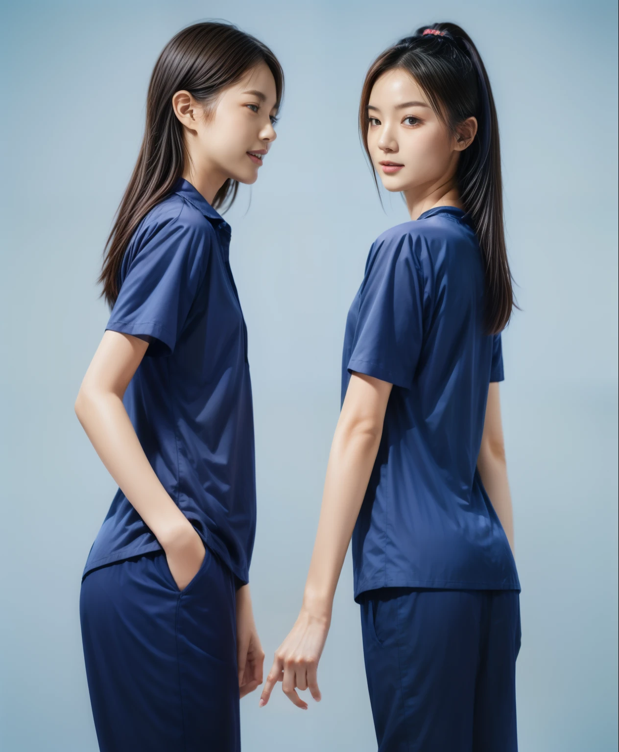 (best quality,10,10,height,Masterpiece:1.2),Special details,(realistic,ภาพrealistic,Realistic photos:1.37),1 Cute girl in the kitchen,shiny, ผิวshiny,only,smile softly,BDclothelue shirt:1.3)),short sleeve,shirt, กางเกงขาlong.,(navy_long_track pants:1.1), ((Kitchen Background)),Dynamic angle,excited,Face focus,dynamic poses,from behind,focus on ass,Masterpiece, best quality, ultra realistic, hyper detail, 8k resolution, raw photos, Sharp focus, ((Navy blue shirt:1.1)), short sleeve, เส้นทางlong, perfect body, 2 mature women, 18 years old, Cinema-grade lighting system,blue sweatpants,shirtผ้าออกกำลังกาย,correct anatomy,perfect body, correct body, Sharp face, correct bodyทางกายวิภาค, full body, realistic gestures, long-haired, realistic poses,Wear long shorts...........................,ช่วงขาlong,Good shape,carved girl, Slender figure, model, Good shape, beautiful body,blue sweatpants, two girls kissing
