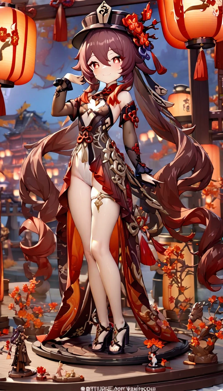 ((masterpiece)),((Highest quality)),(Super detailed),(figure),((Very delicate and beautiful)), 1girl、walnut、Genshin Impact、smile、hutao,1girl,jewelry,hat,flower,red eyes、Festivals、Lanterns lined up、Chinese gorgeous outdoor background