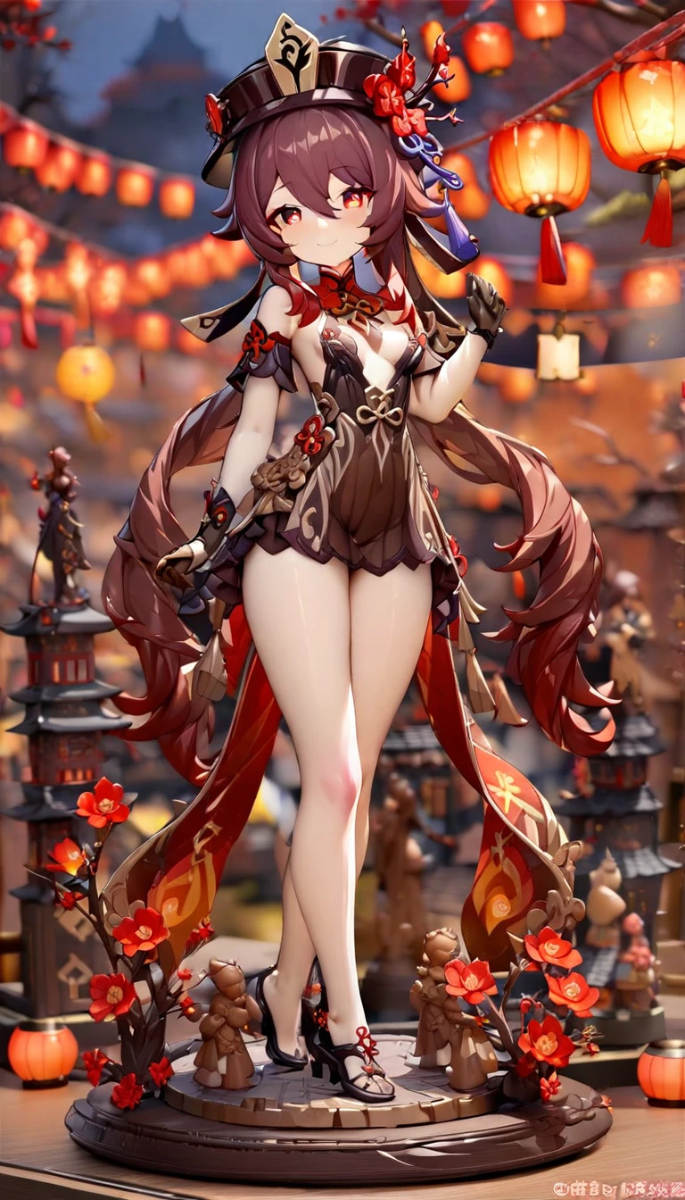 ((masterpiece)),((Highest quality)),(Super detailed),(figure),((Very delicate and beautiful)), 1girl、walnut、Genshin Impact、smile、hutao,1girl,jewelry,hat,flower,red eyes、Festivals、Lanterns lined up、Chinese gorgeous outdoor background