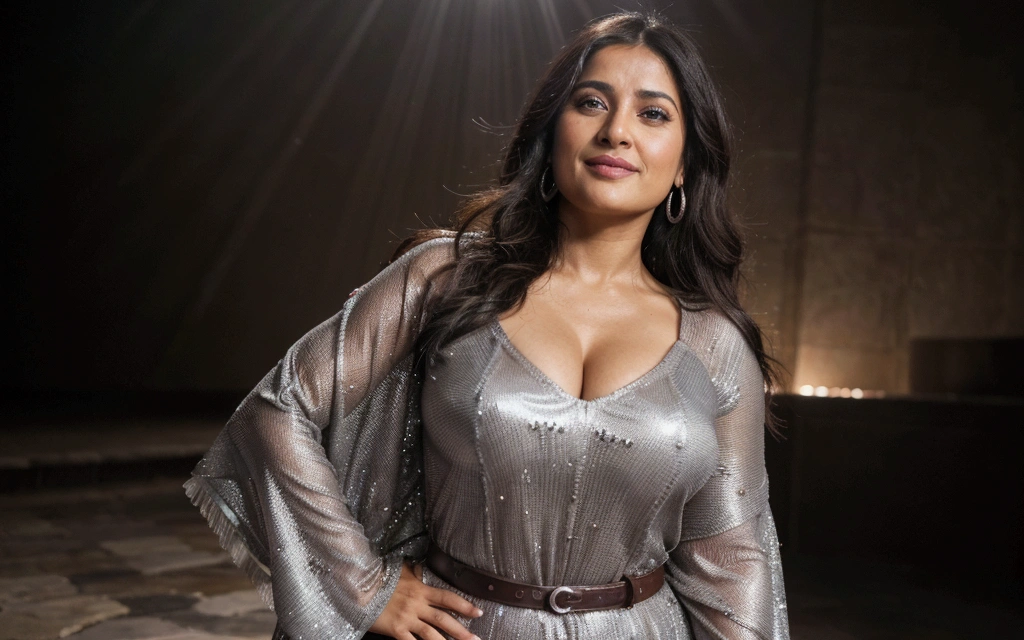 dark background, dramatic light, backlight, rim lighting, (chubby:0.3) , mexican woman 44yo, laughing, look alike salma hayek , from side, standing full body, poncho colorful , poncho translucent, silver jewelry, best quality, 4k, 8k, ultra highres, raw photo in hdr, sharp focus, intricate texture, skin imperfections, detailed eyes, glossy eyes, highlighted eyes