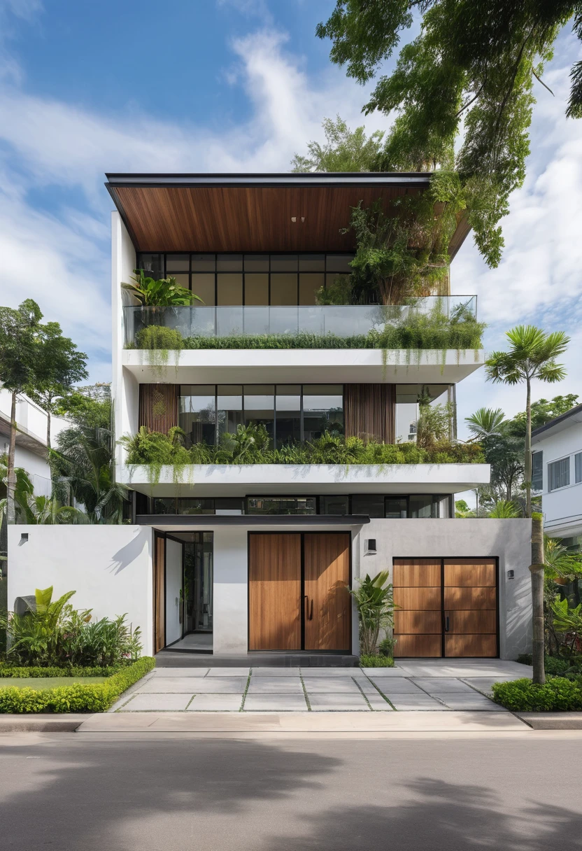 A hyper-realistic image of a modern house with a minimalist design, featuring a combination of wood and white materials. The house has a flat roof, large glass windows, and a balcony with a glass railing. The entrance is flanked by lush greenery and palm trees. There is a wooden gate in front and the garden includes various tropical plants. The overall ambiance is serene and contemporary, with detailed textures and realistic lighting, shadows, and reflections. The colors are vibrant and true to life, showcasing the natural beauty of the materials and the surrounding environment. Additionally, the house is surrounded by a well-maintained garden with various tropical plants and flowers, a clean street with a sidewalk, and a modern urban setting.