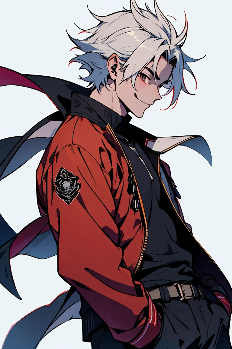 close up, face, smiling, highest quality, 8K, high resolution image, Jujutsu Kaisen estilo anime , Arataki Itto, Detailed strokes, nblurry background, purple light reflecting on it , (close up angle), 1 men, Youngh, mascle, role model, front with hand in pants pocket , multicolored background with various geometric shapes , round stickers, brawny, red and white hair, swollen chest, wearing a tight shirt , striking eyes , with the shirt, swollen chest