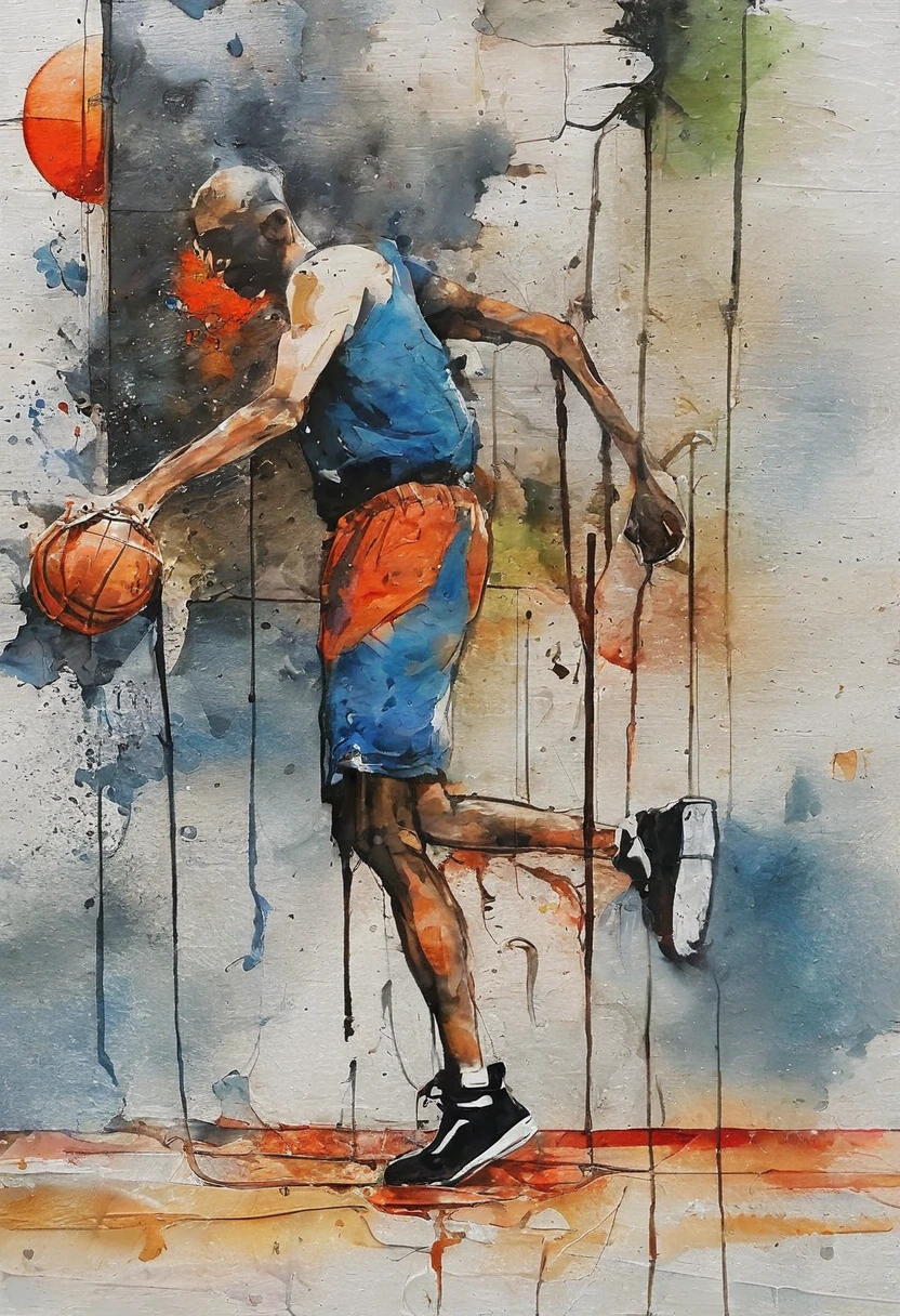 Banksy art sticker, fantasy character, basketball player, basketball uniform, At the basketball scene, basketball goal ring, the dunking athlete in the air, (dunking:2.0),(dynamic angle:1.5), soul, digital illustration, comic book style, noir, perfect anatomy, centered, approaching perfection, dynamic, highly detailed, watercolor painting, artstation, concept art, soft, sharp focus, illustration, art by Carne Griffiths and Wadim Kashin,