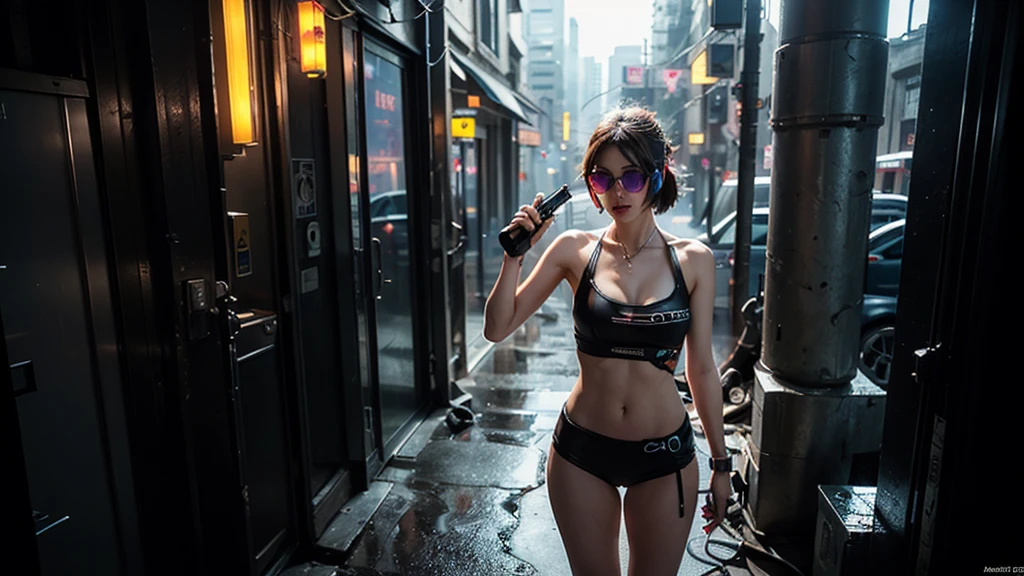 (masterpiece:1.1), hi-res, 4k, photorealistic, ((aerial view cyberpunk city)), at dark night. (((((1girl, solo, alone))))), large-breast:1.2 slim body, cleavage:1.1, sexy clothes, (headphone, black sunglasses), (((standing and holding pistol pose))), half-body thigh level medium shot, cinematic lighting, lens flare, ray tracing.