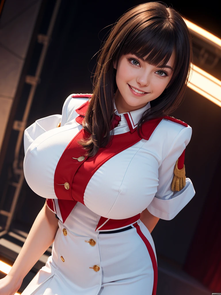 (beautiful white girl with gigantic breasts:1.4),(beautiful body:1.2),(red idle uniform:1.5) (smile:1.2),(bangs:1.3),(medium hair:1.3),(on colorful lighting stage:1.3) ,extremely detailed CG unity 8k wallpaper,