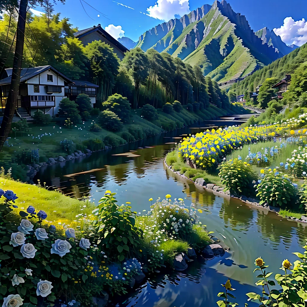 8K HD quality，garden，river，forest，高Mountain，Blue sky and white clouds，很多river, lake, rivers，そしてMountain々，rural residence，Mountain々Yellow roses blooming all over，Black roses everywhere，black rose garden，Black rose spots