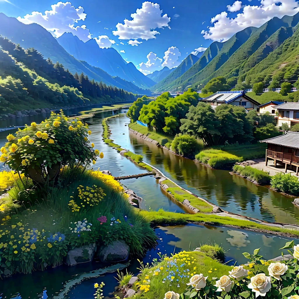 8K HD quality，garden，river，forest，高Mountain，Blue sky and white clouds，很多river, lake, rivers，そしてMountain々，rural residence，Mountain々Yellow roses blooming all over，Black roses everywhere，black rose garden，Black rose spots