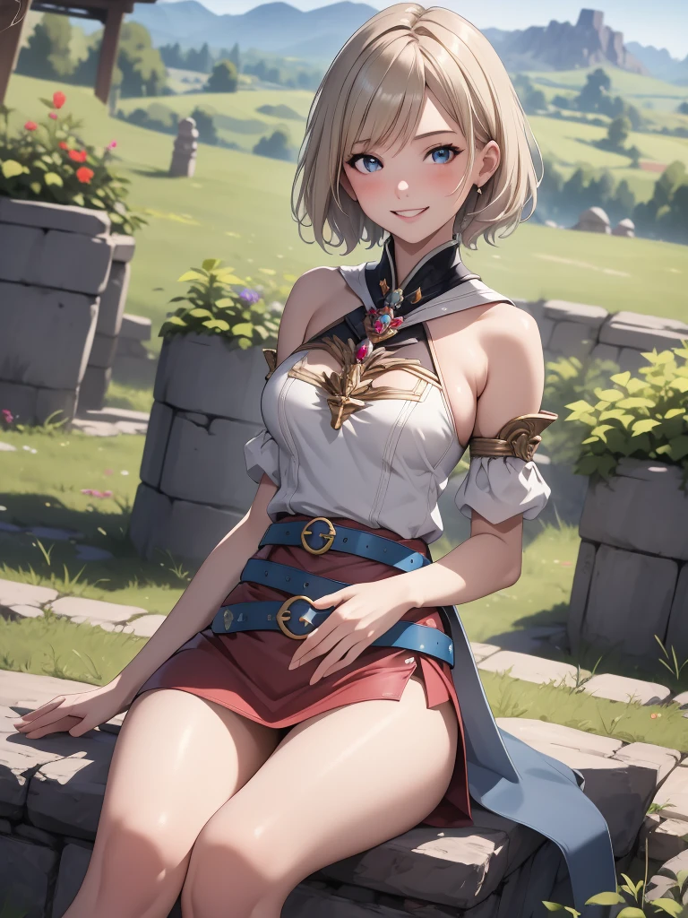 masterpiece, best quality, absurdres, perfect anatomy, 1girl, solo, Ashelia, short hair, AsheliaOutfit, miniskirt, thighhighs, jewelry, belt, standing, cowboy shot, smile, dynamic pose, dynamic angle, outdoors, plains, hills, (sitting, spreading legs by hands), spread crotch