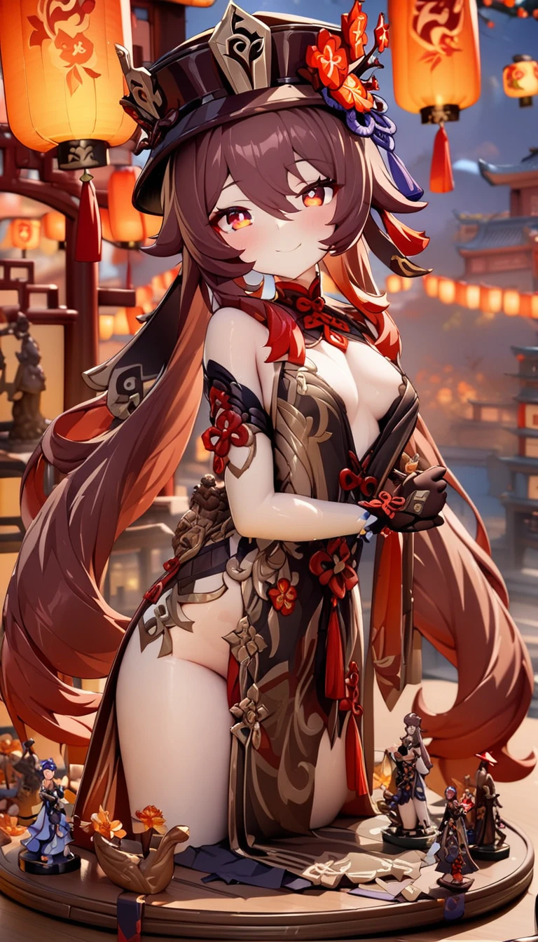 ((masterpiece)),((Highest quality)),(Super detailed),(figure),((Very delicate and beautiful)), 1girl、walnut、Genshin Impact、smile、hutao,1girl,jewelry,hat,flower,red eyes、Festivals、Lanterns lined up、Chinese gorgeous outdoor background