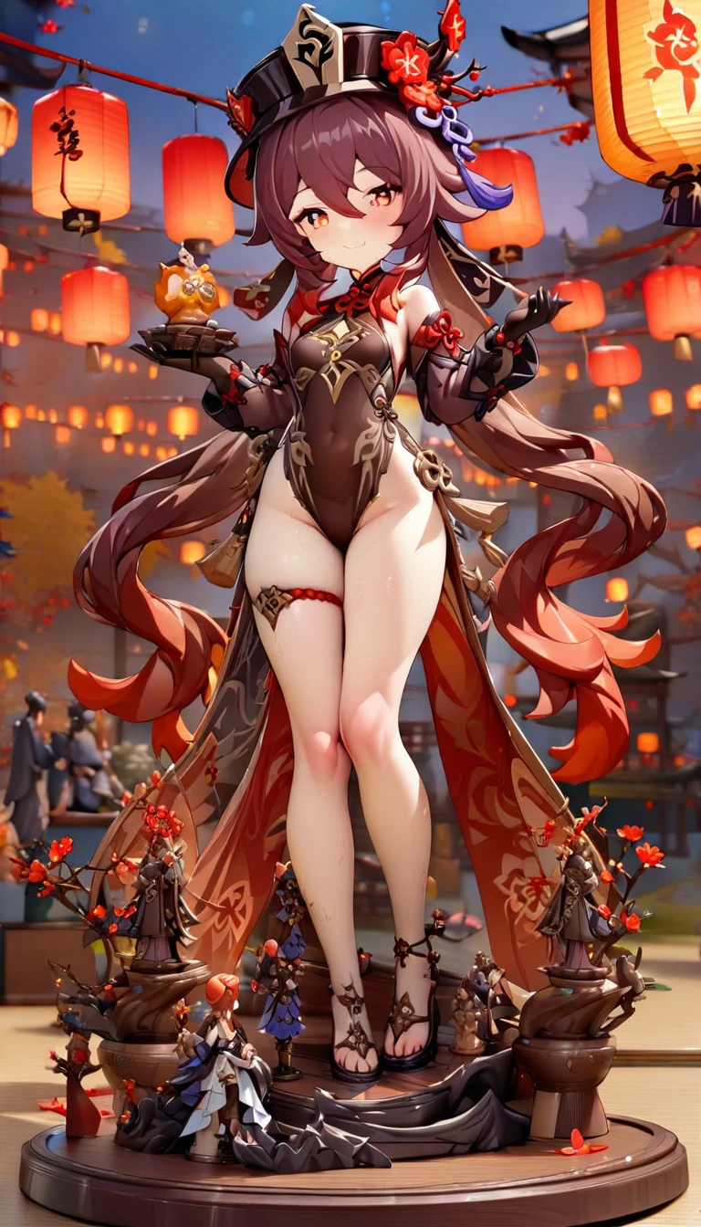 ((masterpiece)),((Highest quality)),(Super detailed),(figure),((Very delicate and beautiful)), 1girl、walnut、Genshin Impact、smile、hutao,1girl,jewelry,hat,flower,red eyes、Festivals、Lanterns lined up、Chinese gorgeous outdoor background