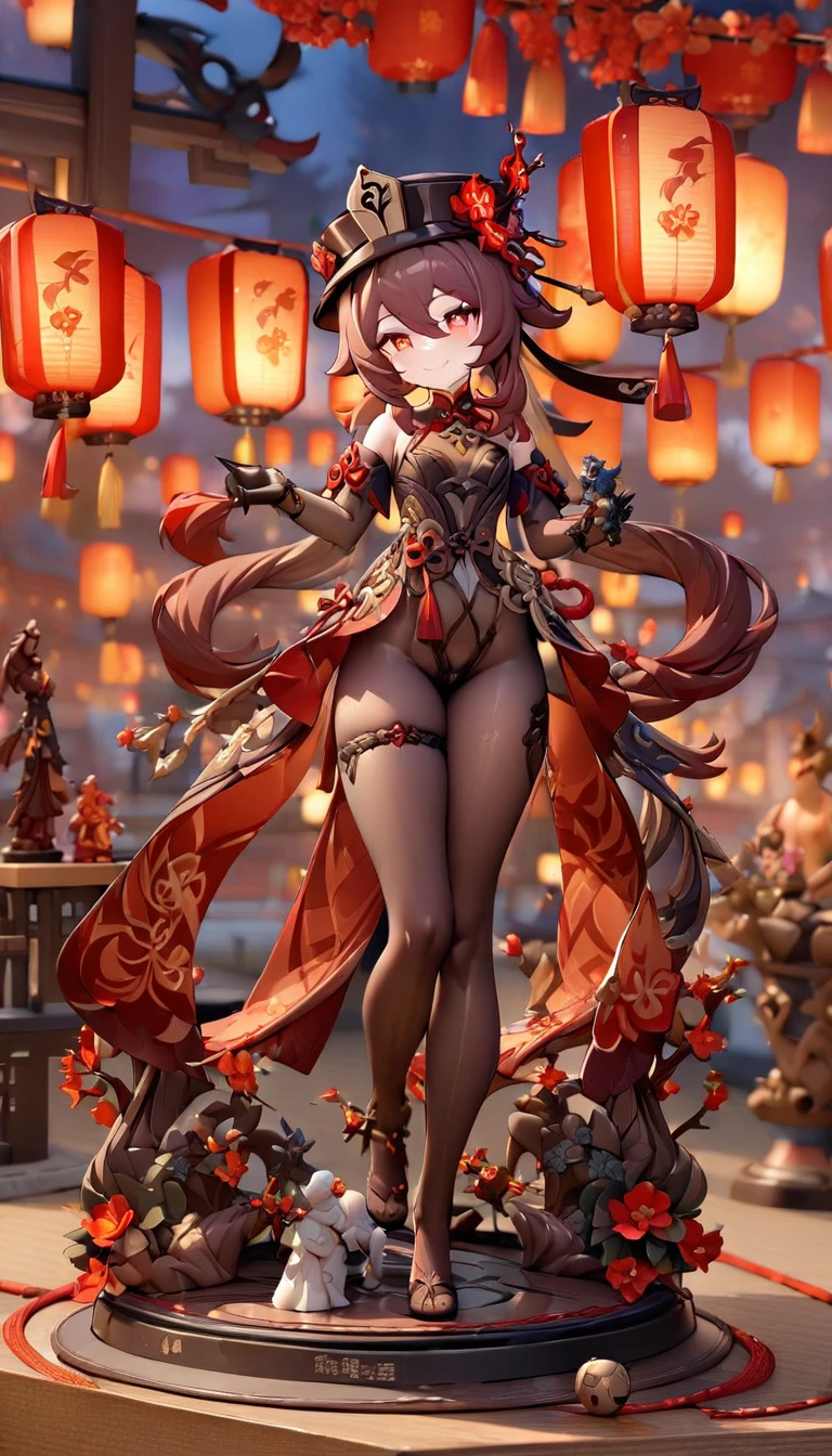 ((masterpiece)),((Highest quality)),(Super detailed),(figure),((Very delicate and beautiful)), 1girl、walnut、Genshin Impact、smile、hutao,1girl,jewelry,hat,flower,red eyes、Festivals、Lanterns lined up、Chinese gorgeous outdoor background