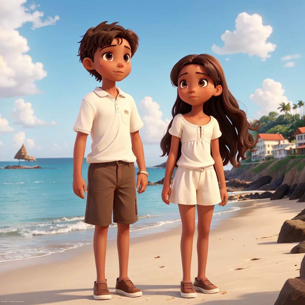 A couple, in the background the beach and the sea, The boy is a little taller than the girl.. The boy has short dark hair, Brown eyes, mixed skin color, Almond eyes. The girl has long dark hair, Brown eyes, White skin color, Almond eyes