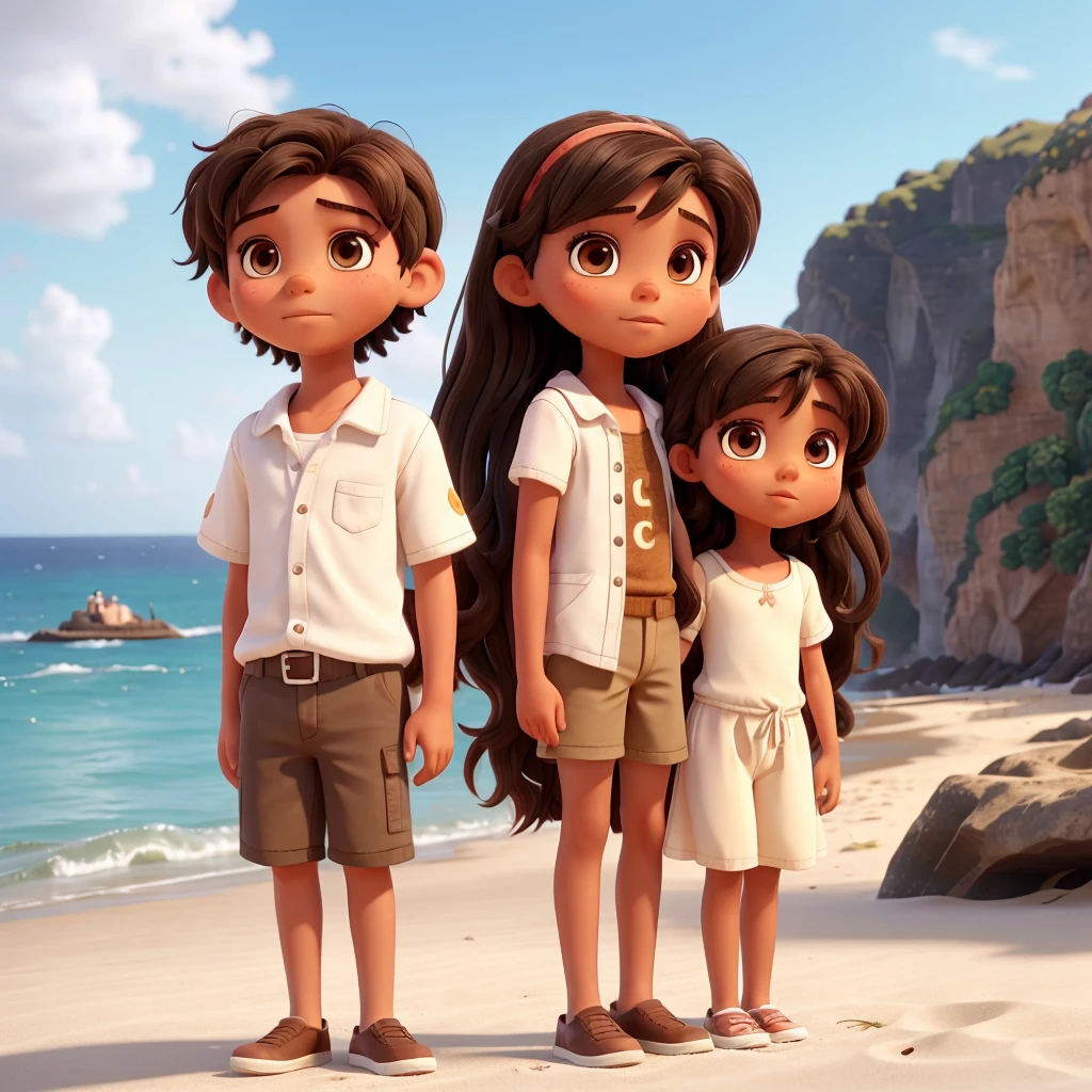 A couple, in the background the beach and the sea, The boy is a little taller than the girl.. The boy has short dark hair, Brown eyes, mixed skin color, Almond eyes. The girl has long dark hair, Brown eyes, White skin color, Almond eyes