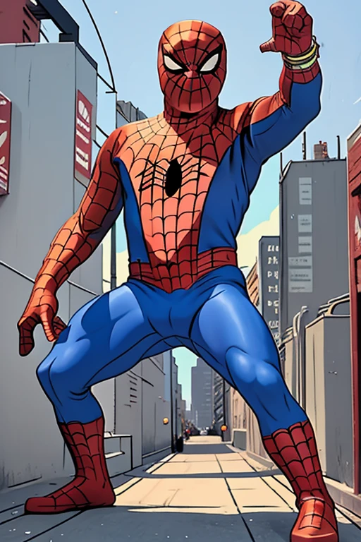 highly detailed, male, buff bara, spiderman, detailed spiderman costume,colorful, (vibrant color:1.2), highly detailed background, painting (medium), abstract, BREAK (perfect anatomy and head and face and limbs and arms and hands and fingers and legs, expressive-eyes) sexy pose at a lamp pose, city background