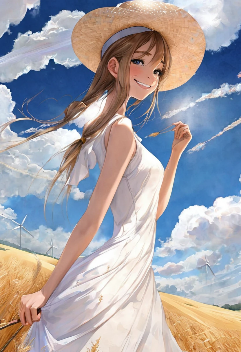 Masterpiece: 1.7, Top quality, Beautiful, Delicate colors, Detailed face, Smile, White dress, Straw hat, Art, (Watercolor (Crinkled), Official art, Realistic, (1 girl: 1.3) , (Fractal Art: 1.3), , Summer sky, blue sky, contrails, looking at the sky, perspective from above