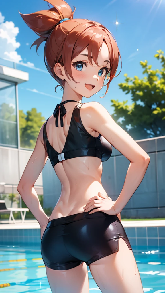 Anime girl in a thong, huge ass, big breasts, tanned brown skin, fit body, from behind, blushed face, sexy face, blue and orange panties, blue and orange bra, by a pool, long blue and black striped hair, blue eyes, hoop earrings, armlets