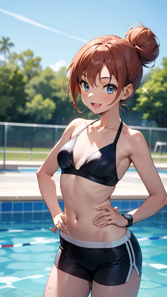 1 girl, masterpiece, best quality, highres, ro1, Misty from pokemon, hair bun, blue eyes, bikini top, blue bicycle shorts, small ponytail on the side, wristwatch, standing, hand on hip, smile, open mouth, (sparkle:1.1), orange hair, medium breasts, 3/4 body view, outdoors, swimming pool