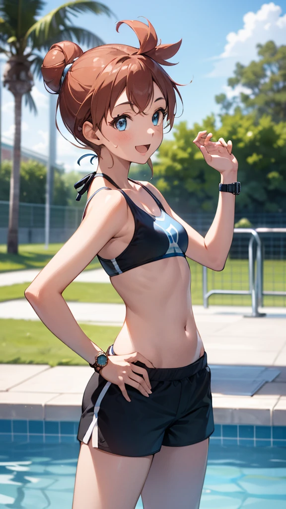 1 girl, masterpiece, best quality, highres, ro1, Misty from pokemon, hair bun, blue eyes, bikini top, blue bicycle shorts, small ponytail on the side, wristwatch, standing, hand on hip, smile, open mouth, (sparkle:1.1), orange hair, medium breasts, 3/4 body view, outdoors, swimming pool