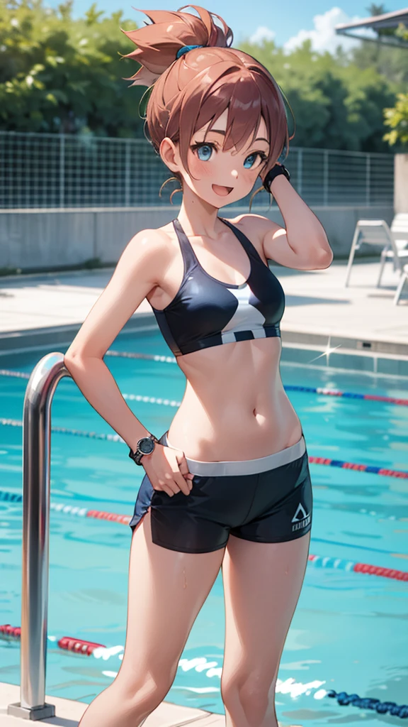Highest quality,Highest Resolution,Pool coach beautiful girl,High leg,ponytail,A whistle hanging from his neck,Competition Pool,front,whole body,Hands on hips,