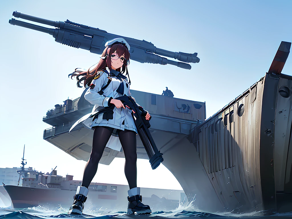 (((masterpiece, Vision))), ((((Full body of a woman with perfect flat chest、1 Female、solo、Short unkempt black hair、Tie your messy hair at the nape of your neck、white military jacket、Miko costume、black tights、Black glasses are black、White military cap、Cloudy black eyes、Confused eyes、Junyo-inspired emblem、Ship-style boots)))), (((Shipgirl))), ((Floating on the morning sea with both feet)), (Standing with your legs apart)), Aim, (Hold the shotgun turret grip with your right hand), (Four mechanical tentacles covered in white armor extend from its back.), (Holding a shotgun with metal tentacles), (Equipped with a bridge on the back), (His left arm holds the grip of a triple-barreled shotgun),
