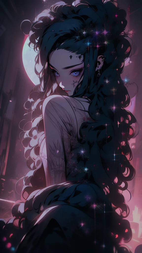 { - anatomy error}, (Masterpiece - Ultra-detailed, very high resolution), moonlight, hyper-realistic of a mysterious woman with flowing black hair, piercing opal eyes, and a delicate floral crown, delicate smile, backwards, looking back, with chin on shoulder, whole body, (perfect face), (detailed face)