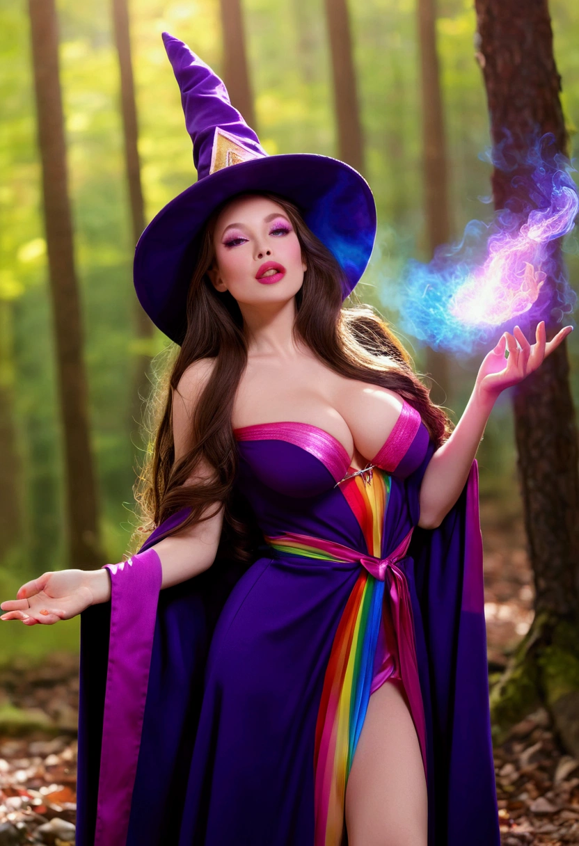 mature Woman, mage, long brown hair, purple witch dress robe, Wizard hat, fit, (huge breasts:0.4), (full lips:1.6), tan skin, blushing, joy, pleasure, forest, rainbow eyes, arms out, rainbow fire aura, casting spell