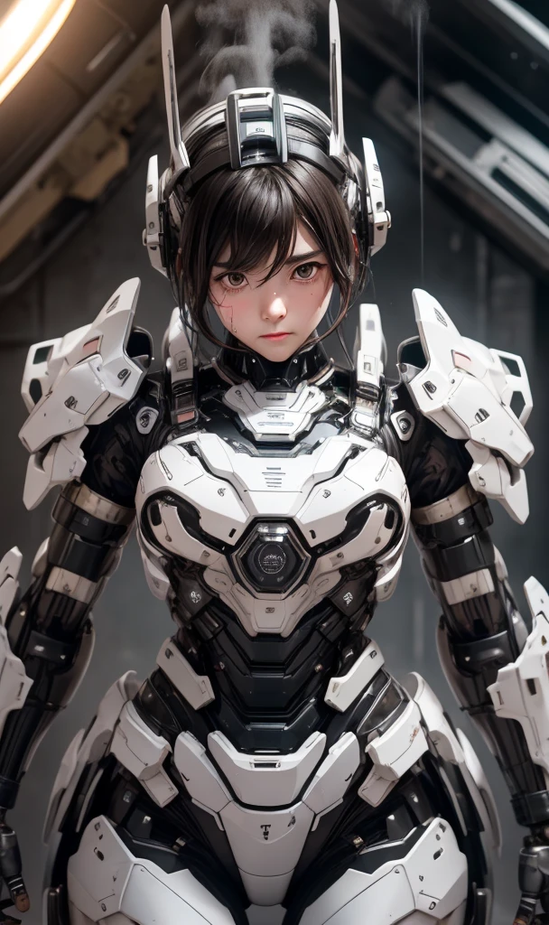 Textured skin, Very detailed, Attention to detail, high quality, 最high quality, High resolution, 1080P, hard disk, beautiful,(War Machine),beautifulサイボーグ女性,Black Mecha Cyborg Girl,Fight,Girl with a mechanical body,、Plain junior high school girl　、Sweaty brown eyes、Sweaty face、Expressions of distress　Blushing　cute　Black-haired　((Steam coming from the head)) (Steam coming out of the whole body) Cool pose