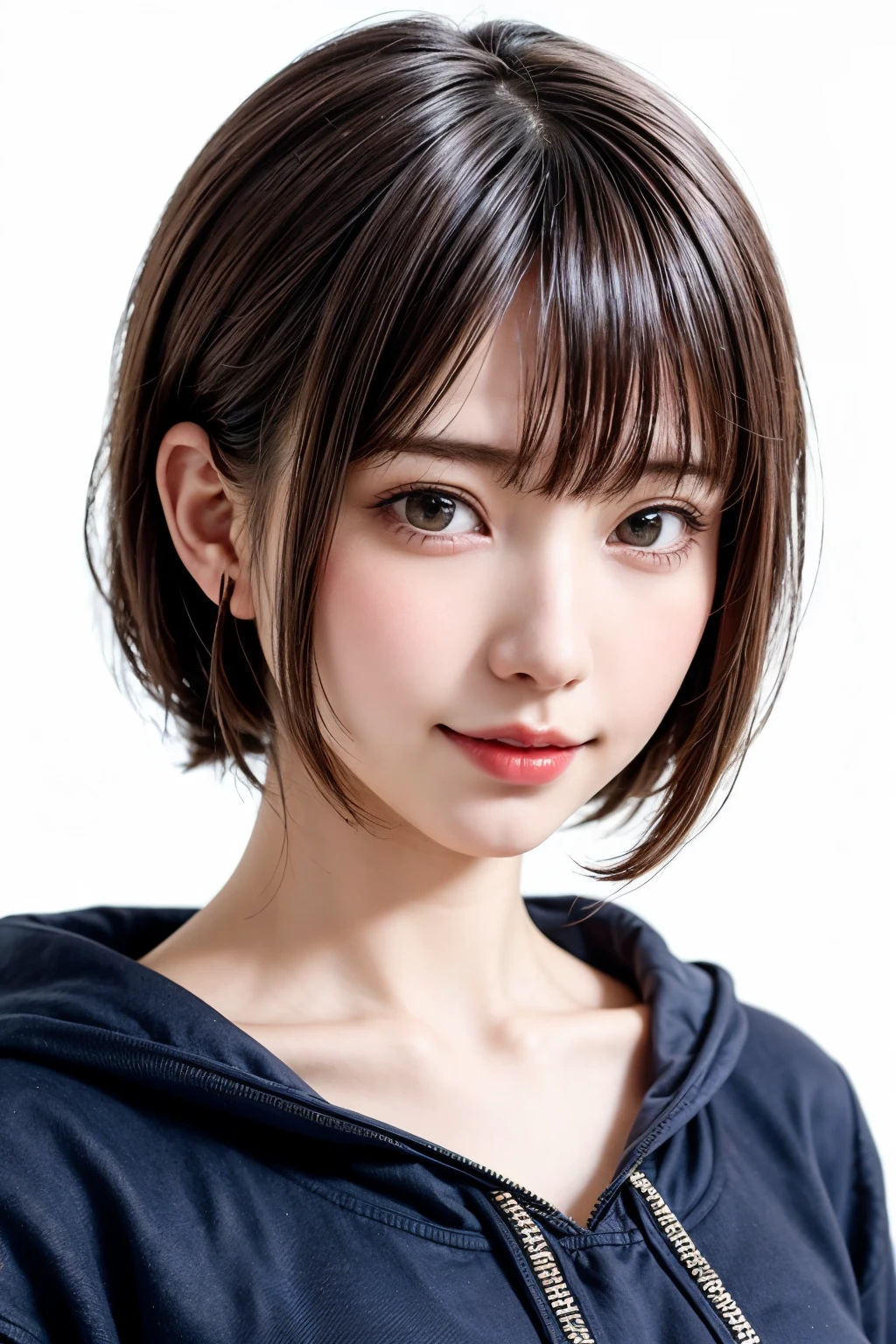 Everything is beautifully detailed:1.6,masterpiece、Highest quality、1 Girl, alone, alone focus, Cowboy Shot, Portraiture, Oversized hoodie, Blue and white hoodie, half水彩画, half, ((Black Hair)), (Shiny hair), (美し過ぎるShiny hair :1.5), ((Beautifully rendered delicate eyes)), Very detailedな目, (Beautiful and attractive skin), Highest quality, Very detailed, White Background, Simple Background、{huge|big|hugeな|Mega} chest:2, chestの谷間:2、開けたchest、chestを強調する、Perfect Anatomy、Cute Smile、Short Hair、bangs、Put out your ears、beautiful long neck