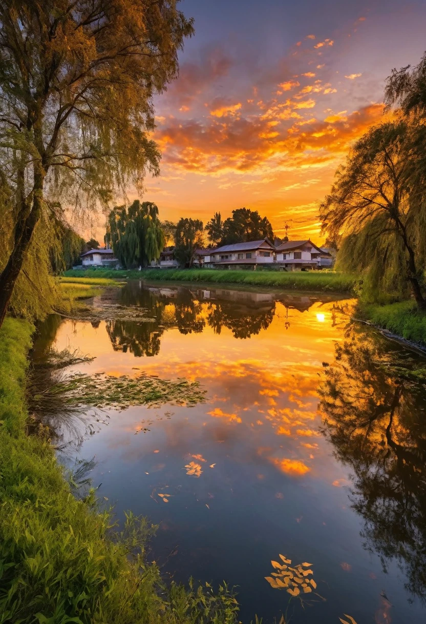This image depicts a breathtaking sunset over the river.。, Located in a quiet rural setting. The sky is painted in shades of orange and yellow, Reflected in the calm river waters below. Trees in the landscape々and buildings are scattered around, Add depth and scale to your scene. The overall atmosphere of the image is calm and serene., Capture the beauty of nature at sunset.