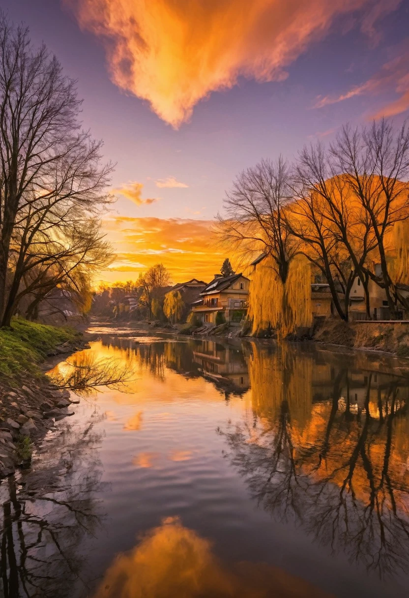 This image depicts a breathtaking sunset over the river.。, Located in a quiet rural setting. The sky is painted in shades of orange and yellow, Reflected in the calm river waters below. Trees in the landscape々and buildings are scattered around, Add depth and scale to your scene. The overall atmosphere of the image is calm and serene., Capture the beauty of nature at sunset.