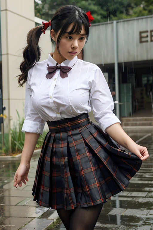 LingX,black hair,twintails,brown eyes,hair ornament, pantyhose (insanely detailed, masterpiece, best quality),solo, steam , rain , plaid skirt , pleated skirt , Tight shirt , white Shirt , school girl , red bow , red knot ,