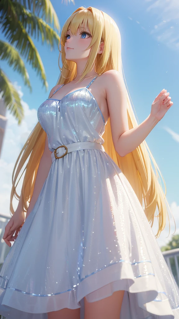 (masterpiece:1.3), (best quality:1.1), (8k, ultra detailed, ultra high res:1.2), ((anime style)), perfect 5 fingers, perfect anatomy, 
1girl,
BREAK long hair, wavy hair, 
(blonde hair), 
(blue eyes), 
medium breasts, camisole, (Sequins, white Sequins:1.2),  
BREAK smile, 
(gazing skyward:1.4), standing, shoot from below, 
cowboy shot, 
outdoor, sky, 