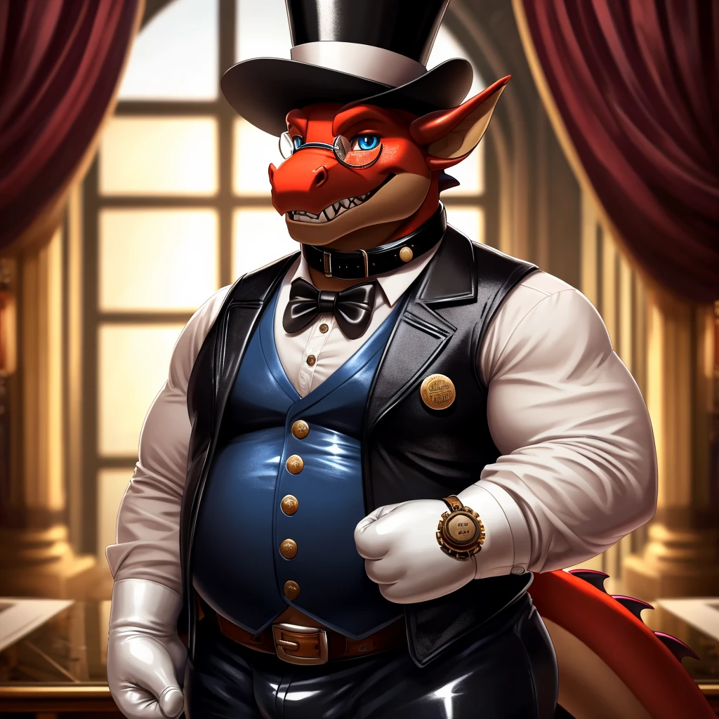 Solo, Male, fat, extremely obese, gentleman, dapper Professor Dragon, blue eyes, (posing:1.3), (soft shading), 4k, hi res, ((detailed face, detailed)), looking at viewer, mouth wide open, steampunk, collared shirt with buttons, top hat, male focus, Explorer Outfit, glasses, monocle, vest with buttons, sleeves rolled up, round eyewear, brown headwear, brown vest, Dragon is wearing a glossy leather dog collar around the neck, Dragon is wearing the leather collar and shirt and vest at the same time, Dragon is wearing glossy white rubber gloves on the hands, wearing white rubber gloves on the feet, gloves are rubber in texture, clenching teeth, clenching fists, leather collar is glossy and shiny with a lot of detail, Dragon is wearing gloves and leather collar at the same time, leather collar has a round dog-tag, leather collar is thick and detailed, leather collar is glossy and shiny, fancy clothing, dapper vest, dapper shirt, leather collar is thick, glossy leather collar.
