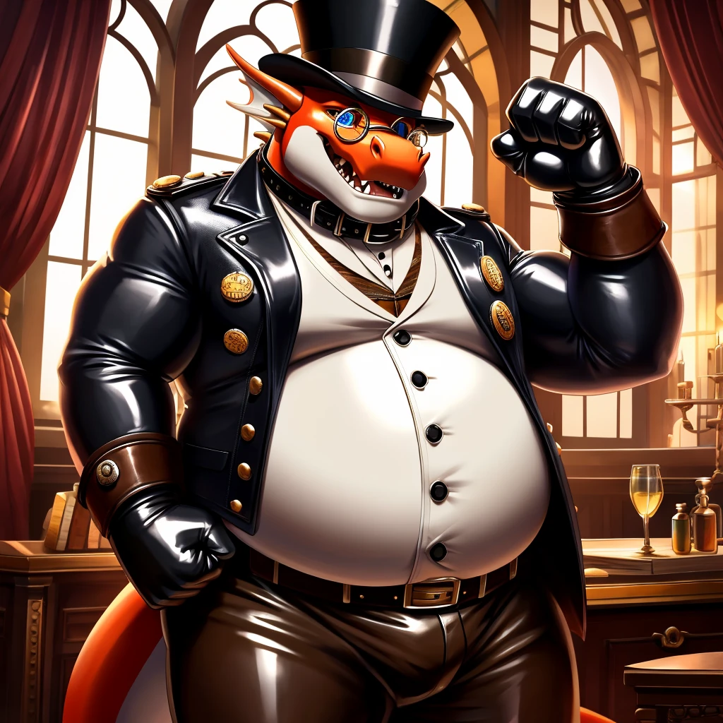 Solo, Male, fat, extremely obese, gentleman, dapper Professor Dragon, blue eyes, (posing:1.3), (soft shading), 4k, hi res, ((detailed face, detailed)), looking at viewer, mouth wide open, steampunk, collared shirt with buttons, top hat, male focus, Explorer Outfit, glasses, monocle, vest with buttons, sleeves rolled up, round eyewear, brown headwear, brown vest, Dragon is wearing a glossy leather dog collar around the neck, Dragon is wearing the leather collar and shirt and vest at the same time, Dragon is wearing glossy white rubber gloves on the hands, wearing white rubber gloves on the feet, gloves are rubber in texture, clenching teeth, clenching fists, leather collar is glossy and shiny with a lot of detail, Dragon is wearing gloves and leather collar at the same time, leather collar has a round dog-tag, leather collar is thick and detailed, leather collar is glossy and shiny, fancy clothing, dapper vest, dapper shirt, leather collar is thick, glossy leather collar.