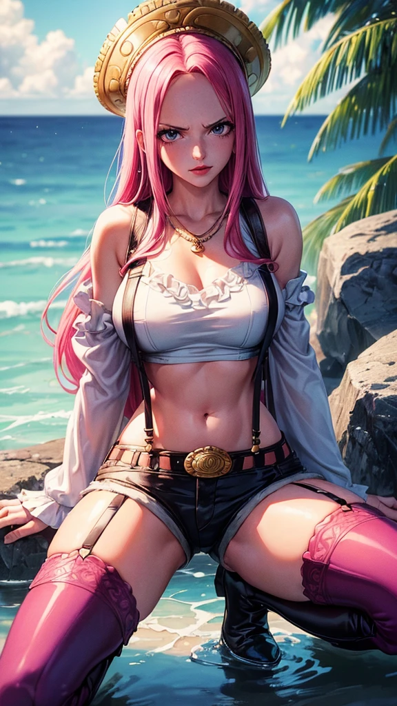 ((top-quality, 8K, masterpiece:1.3)), A detailed eye, (looking at from the front), Look at the camera, ((Everything is sparkling、reflecting light:1.2)), (Best Ratio: 4 fingers, 1 thumb), (portrait), (((Jewelry Bonney from One Piece))), JewelryBonneyV2, half body shot, 1girl, solo, cute asian face, long hair, pink hair, hat, ((slim girl, medium breasts, hyperdetailed lips)), red lips, (thighhighs, shorts, suspenders, boots, purple eyes), navel, midriff, crop top, belt, suspender shorts, complex detailed background, barren land, rocks, ocean, nature environment, squatting ,seiza , spread legs,nervous, blushing,